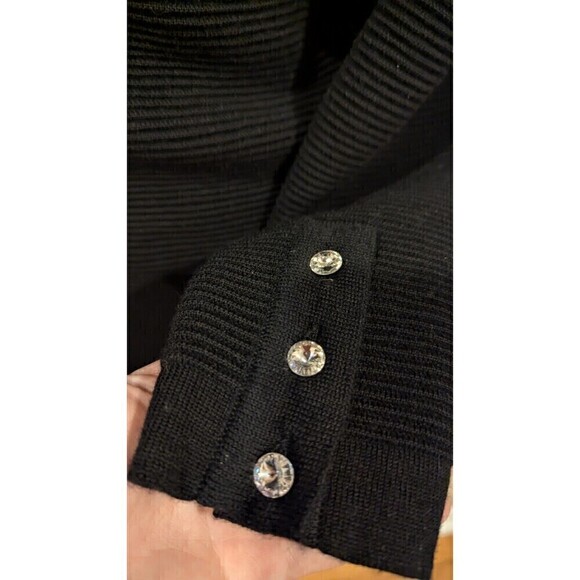 Black Ribbed Knit Cardigan Sweater Rhinestone‎ Buttons Elegant Classic - Picture 2 of 6